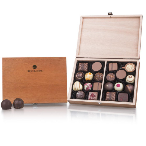 wooden box with chocolate, praline box