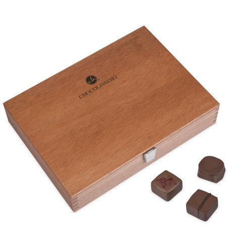 wooden box with chocolate, praline box