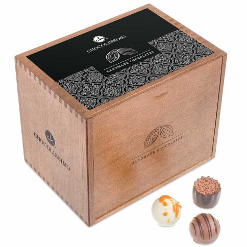hand made pralines in a wooden box