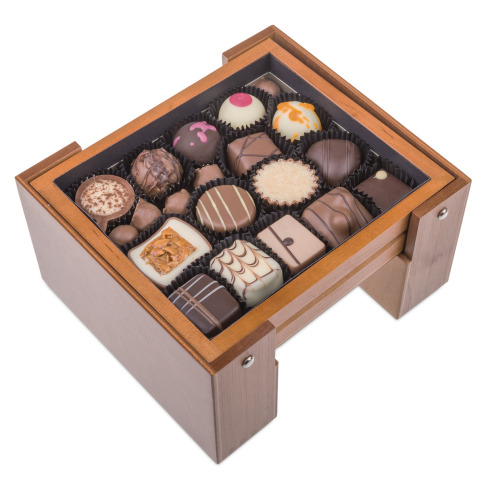 prestigious chocolate, wooden box with chocolate pralines