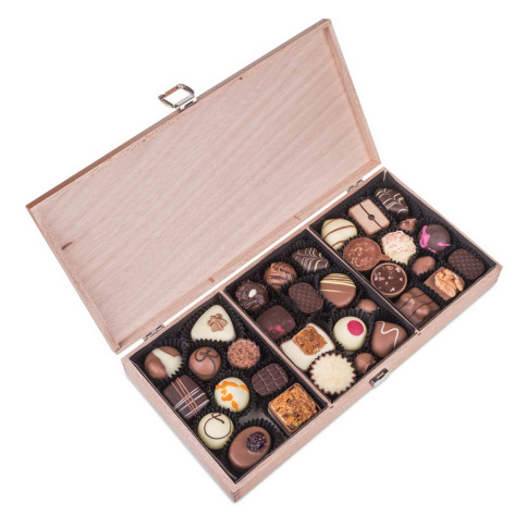 wooden box with handmade chocolates