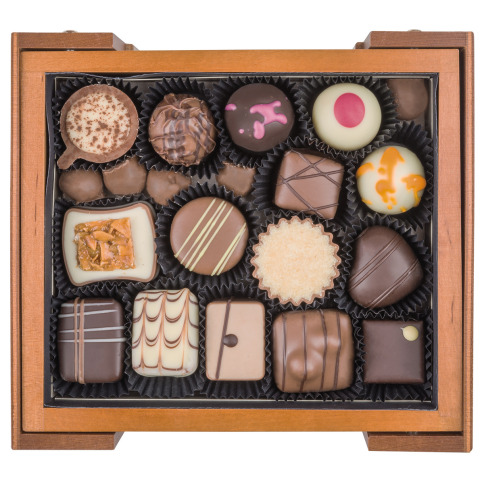 prestigious chocolate, wooden box with chocolate pralines