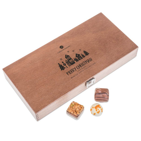 wooden box with handmade chocolates