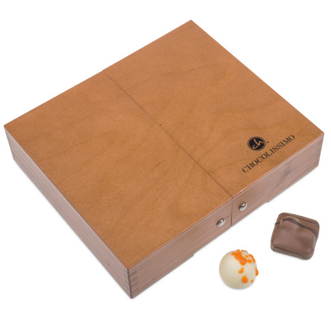 prestigious chocolate, wooden box with chocolate pralines