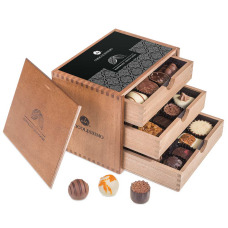 hand made pralines in a wooden box