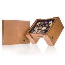 prestigious chocolate, wooden box with chocolate pralines