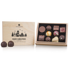 Christmas pralines, chocolate in a wooden box